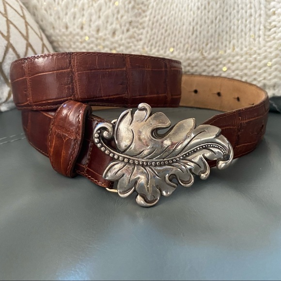 Brighton Accessories - Vintage BRIGHTON Silver LEAF Mock CROC Embossed Rich MAHOGANY Leather BELT M
